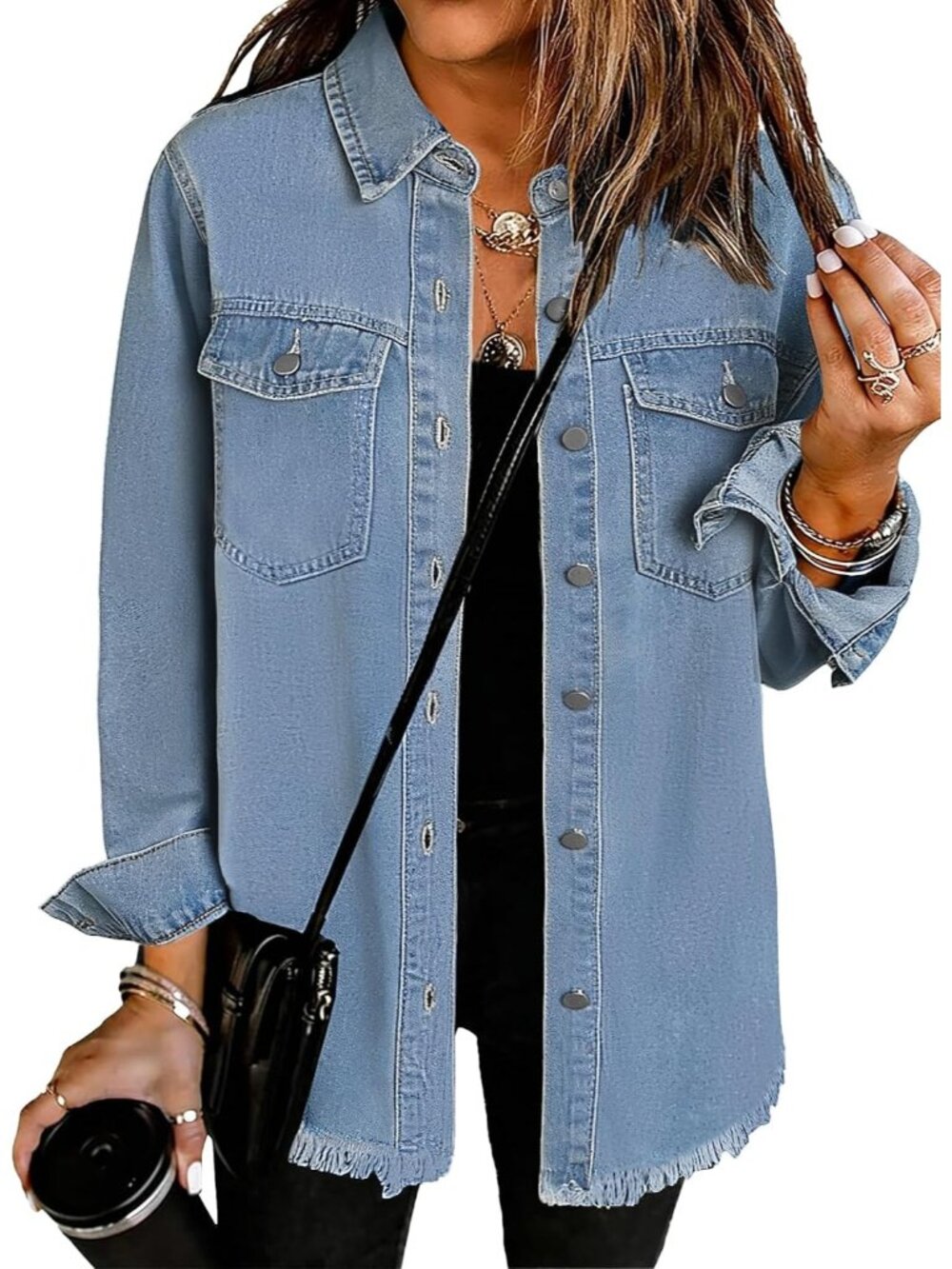 Women’s Blue Button Down Oversized Distressed Denim Jean Jacket Shacket
